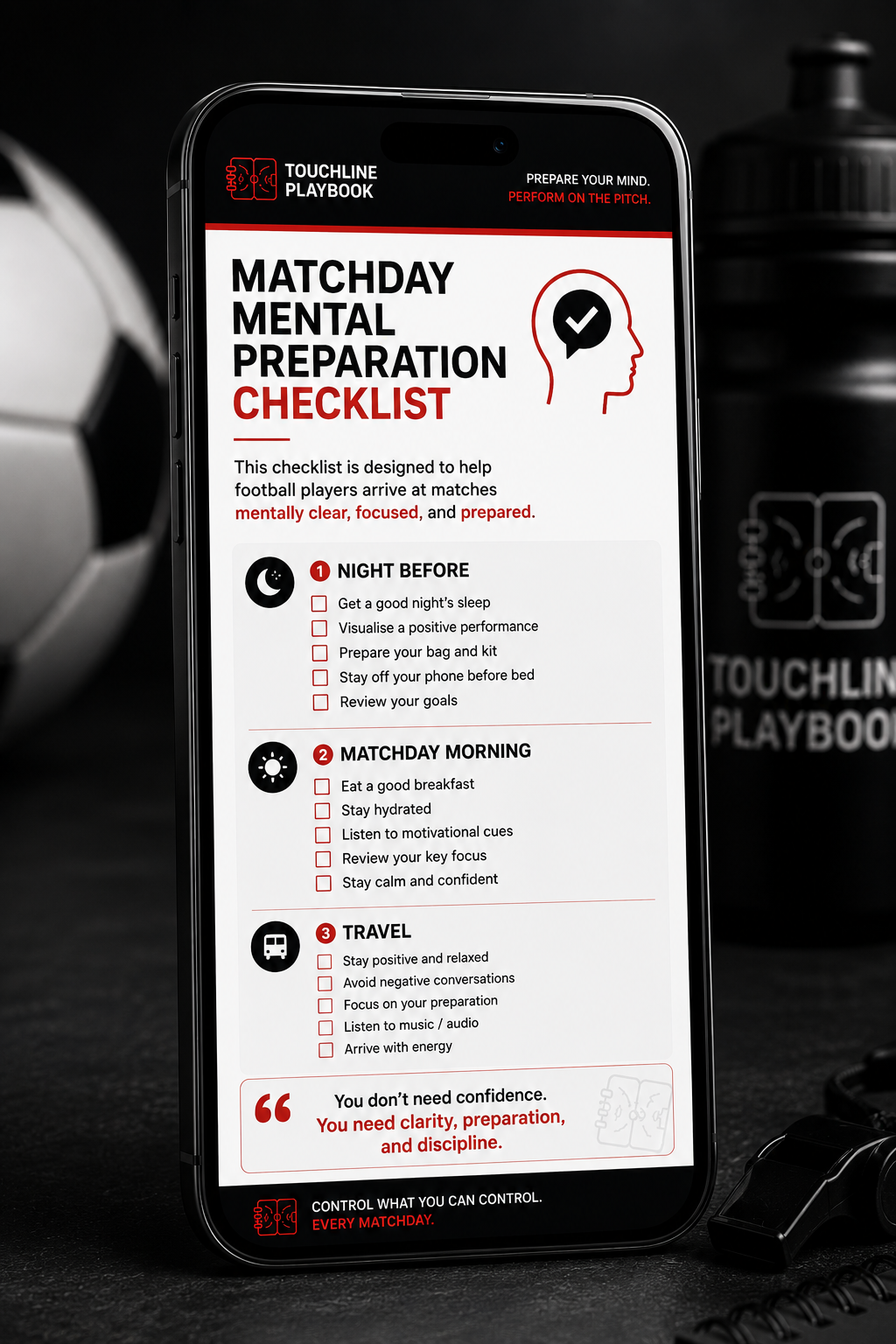 Matchday routine checklist for football players night before to kick-off