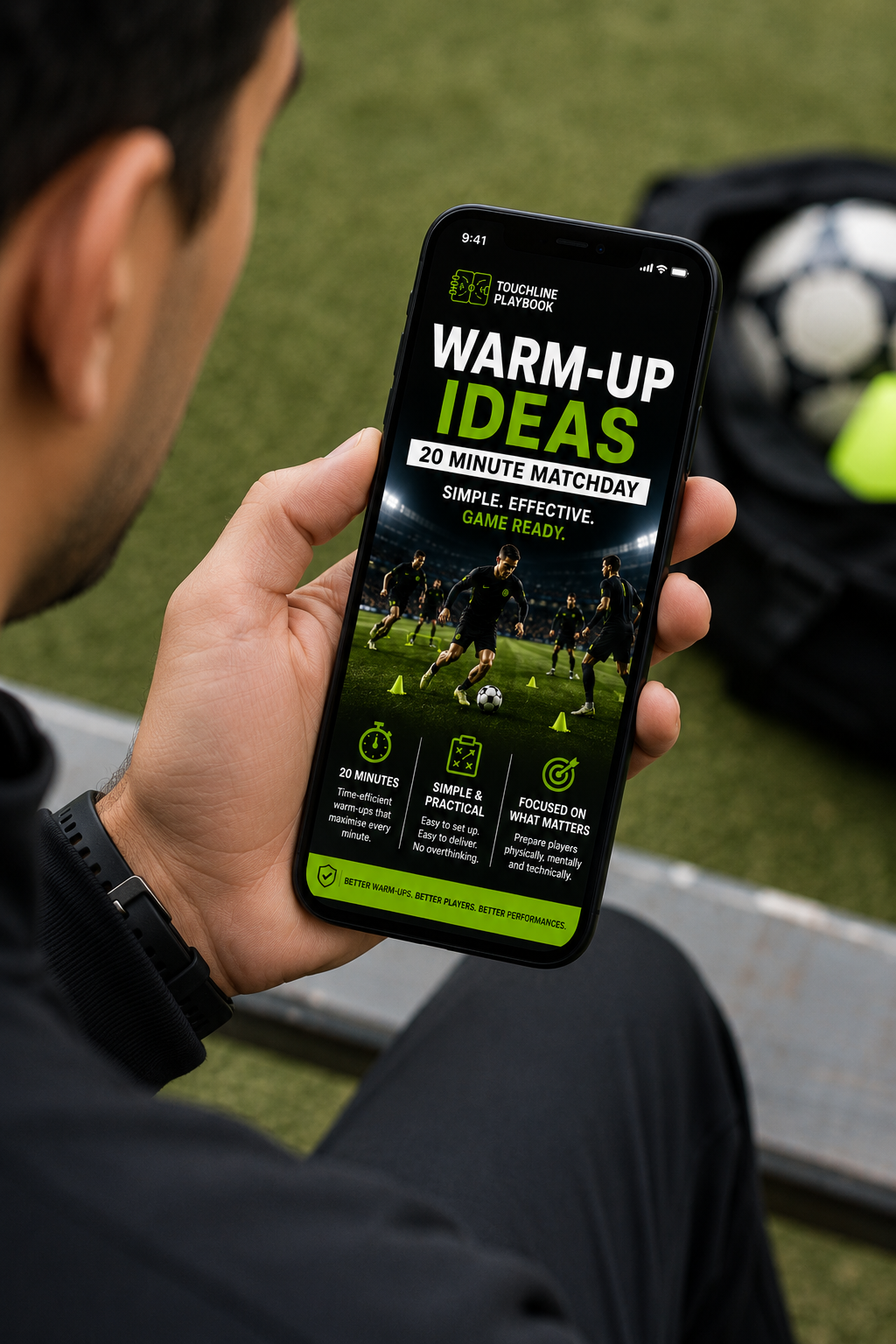 Mobile-friendly warm-up guide screenshot for matchday coaching